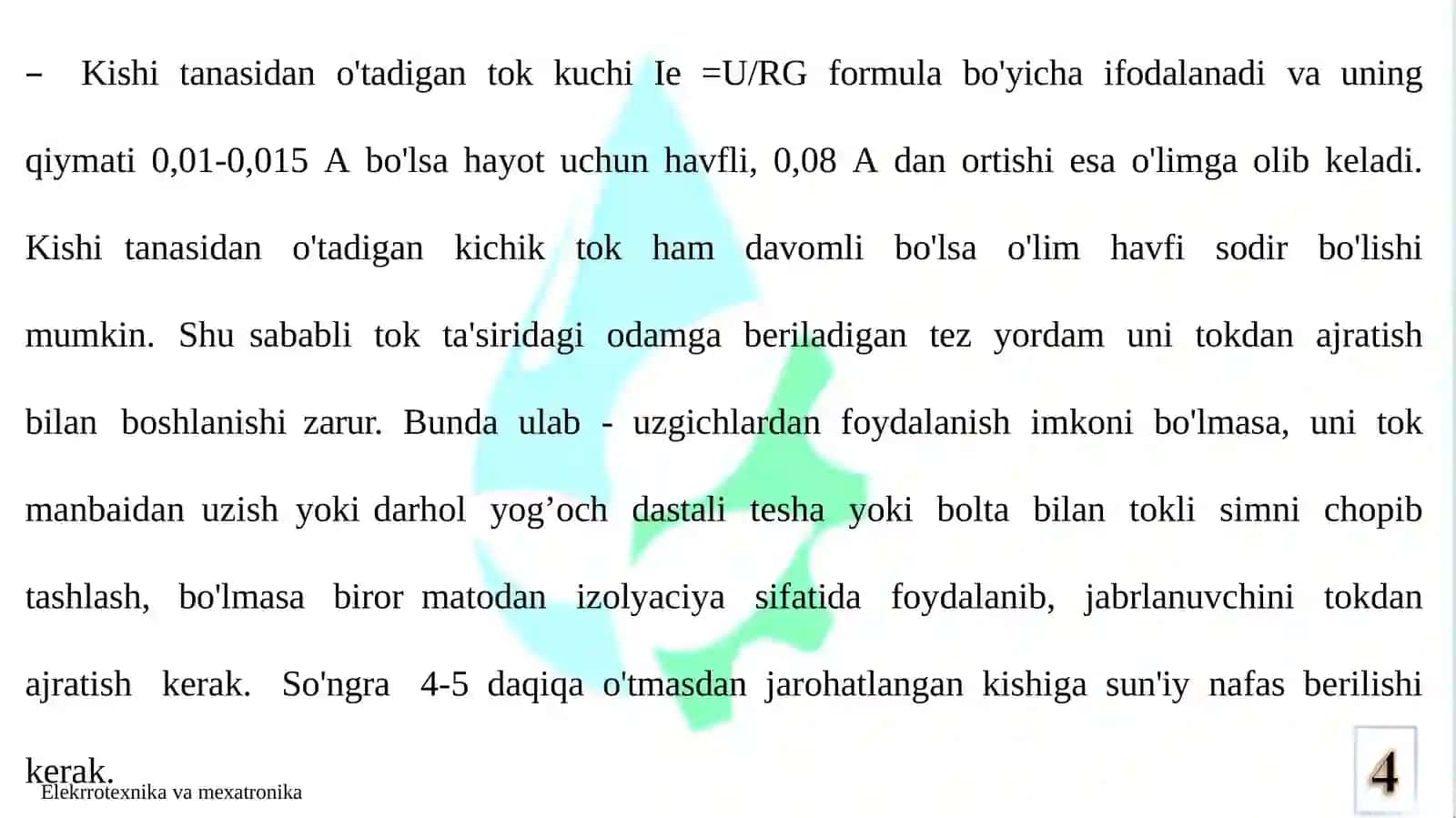 Elektr texnika va elektronika texnikaxavfsizligi qoidalari 4