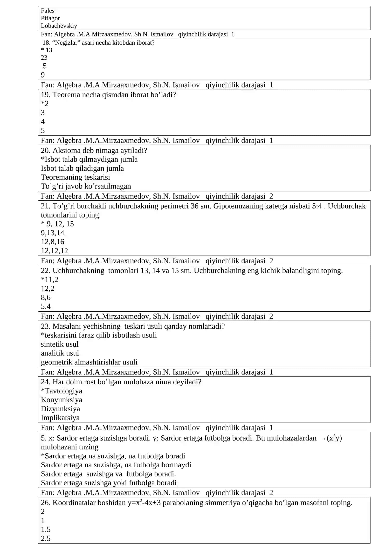 Testlar - Matematika fanidan 4