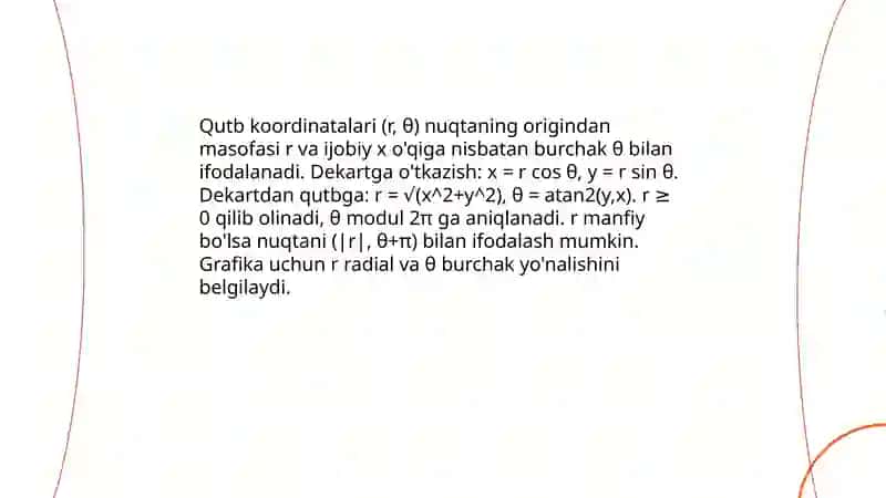 Dekart va qutb kordinatalari orasidagi bogʻlanishlar 4