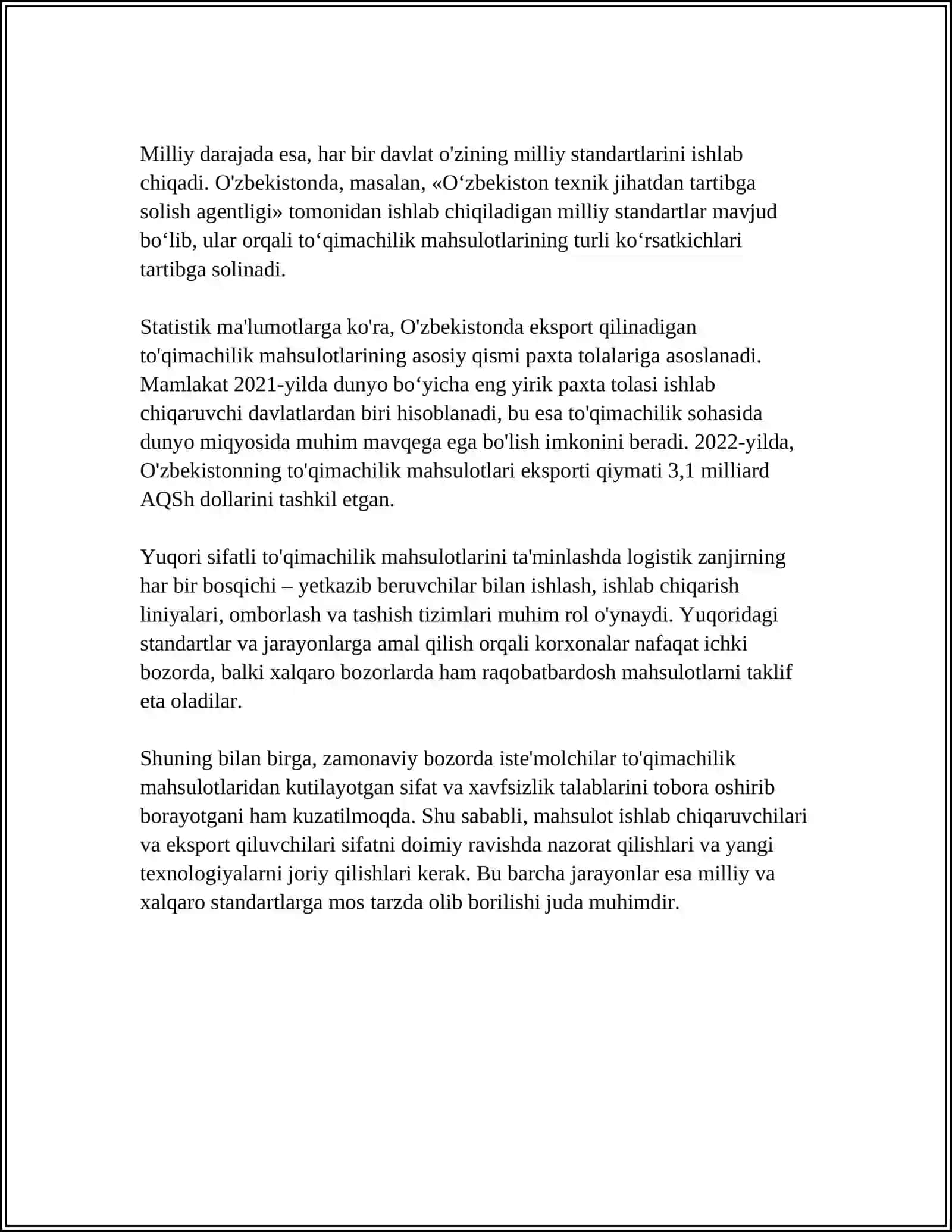 TO'QIMACHILIK MAXSULOTLARINI STANDARTLASHTIRISH 4