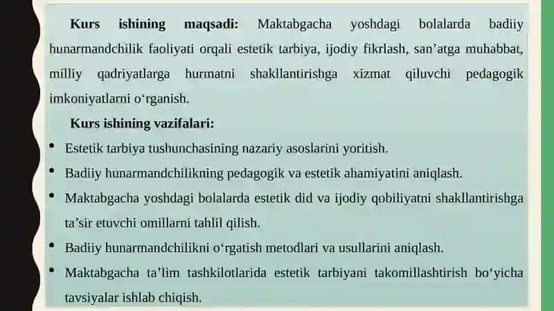 ESTETIK G‘OYALARNI RIVOJLANTIRISH VOSITASI SIFATIDA MAKTABGACHA YOSHDAGI BOLALARNI BADIIY HUNARMANDCHILIK BILAN TANISHTIRISH 4