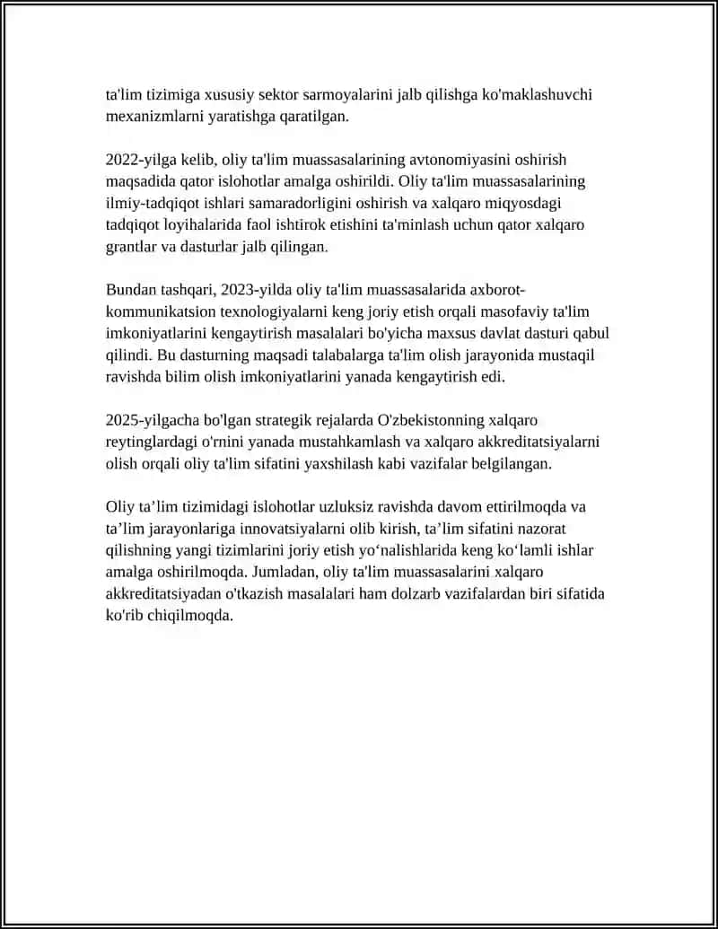MUSTAQILLIK YILLARIDA OLIY TA'LIM TIZIMI VA UNDAGI ISLOHOTLAR ( 2017-2025 YILLAR MISOLIDA) 4