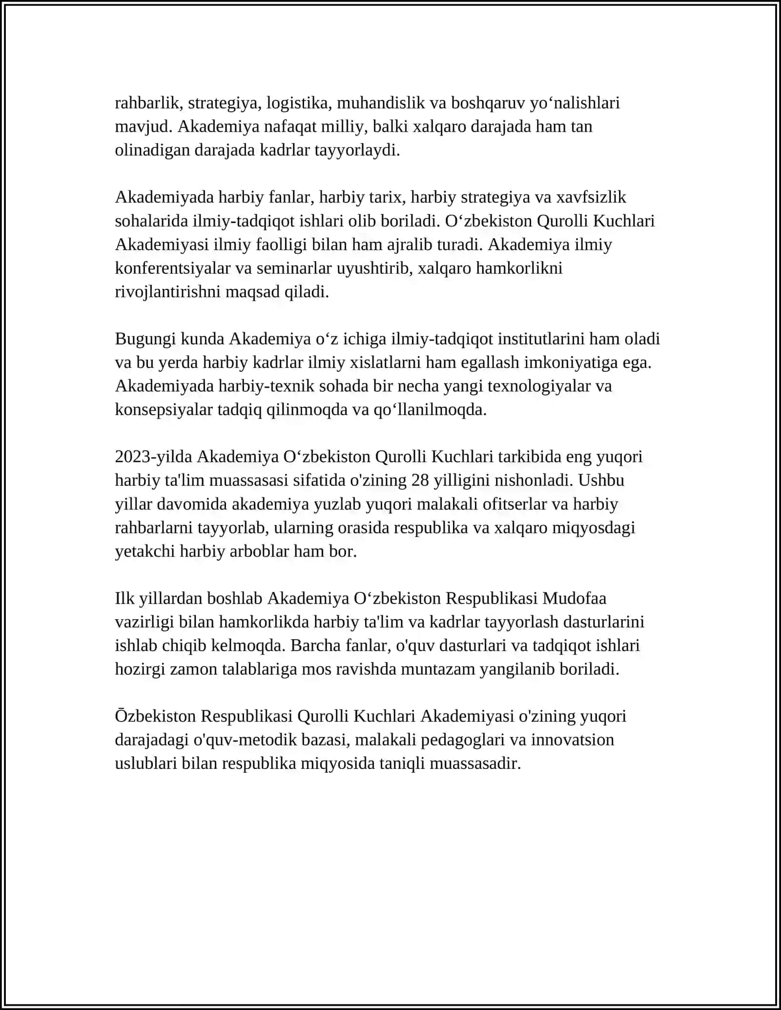 ŌZBEKISTON RESPUBLIKASI QUROLLI KUCHLARI AKADEMYASI REFERAT 4