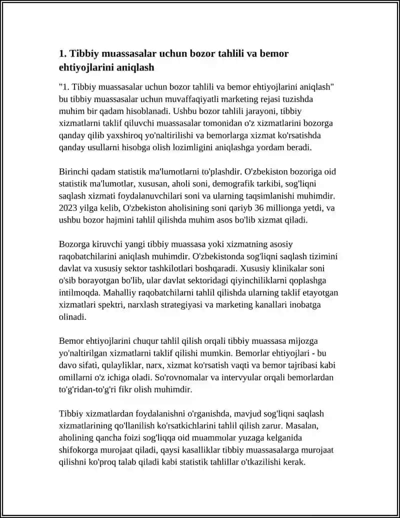 Tibbiy muassasalar marketingi rejasi 4