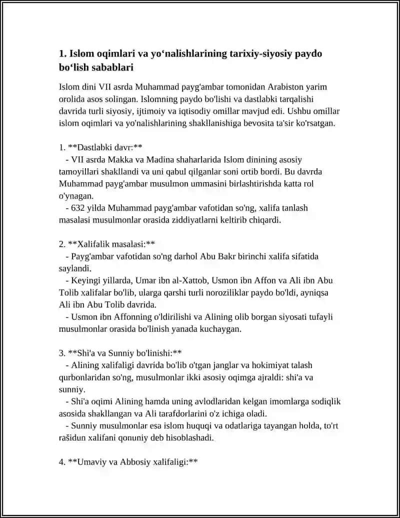 ISLOM OQIMLARI VA YOʻNALISHLARINING PAYDO BOʻLISHI SABABLARI,E'TIQODIDAGI BOʻLINISHLARNING SABABLARI VA OQIBATLARI 4
