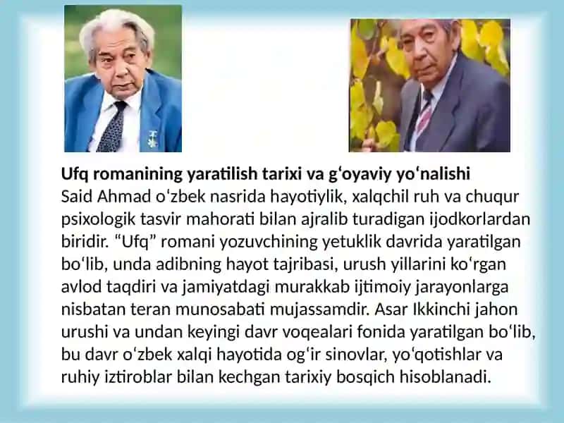 Said Ahmadning "Ufq"romanidagi voqealar rivojining tahlili 4