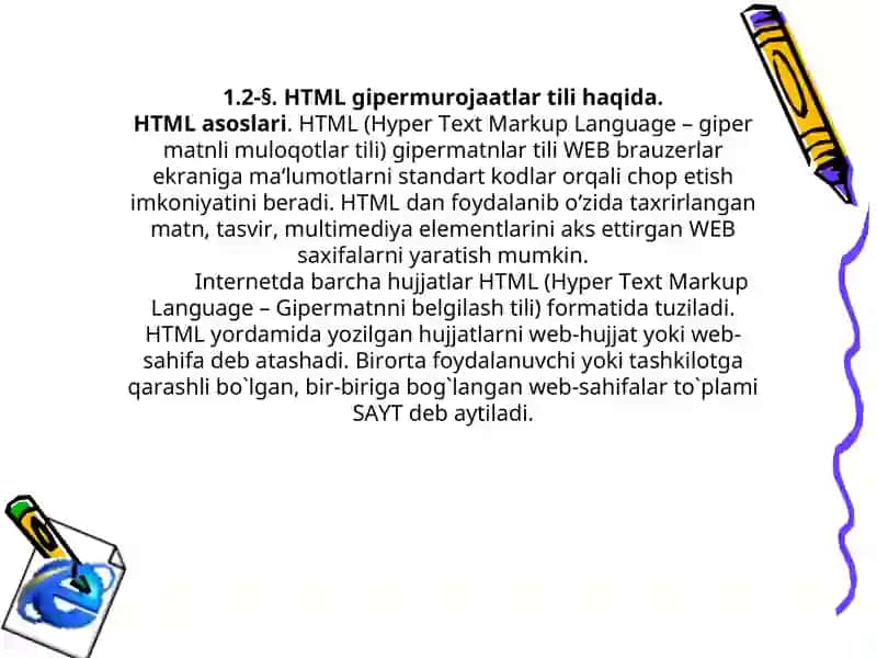 Htmlda web sahifalar yaratish mavzusi buyicha dars ishlanma 4