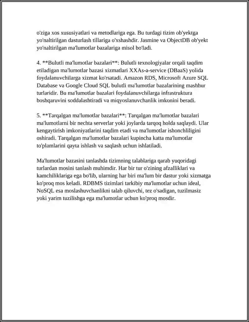 MUSTAQIL ISH Mavzu: MA’LUMOTLAR BAZASI BOSHQARISH TIZIMLARI. 4