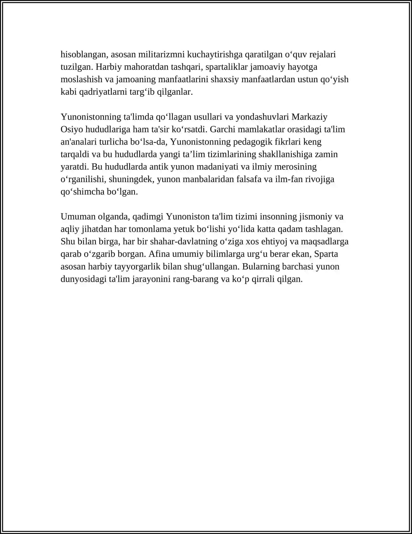 QADIMGI YUNONISTON, SPARTA VA AFINADA, MARKAZIY OSIYODA TA'LIM VA PEDAGOGIK FIKRLAR 4