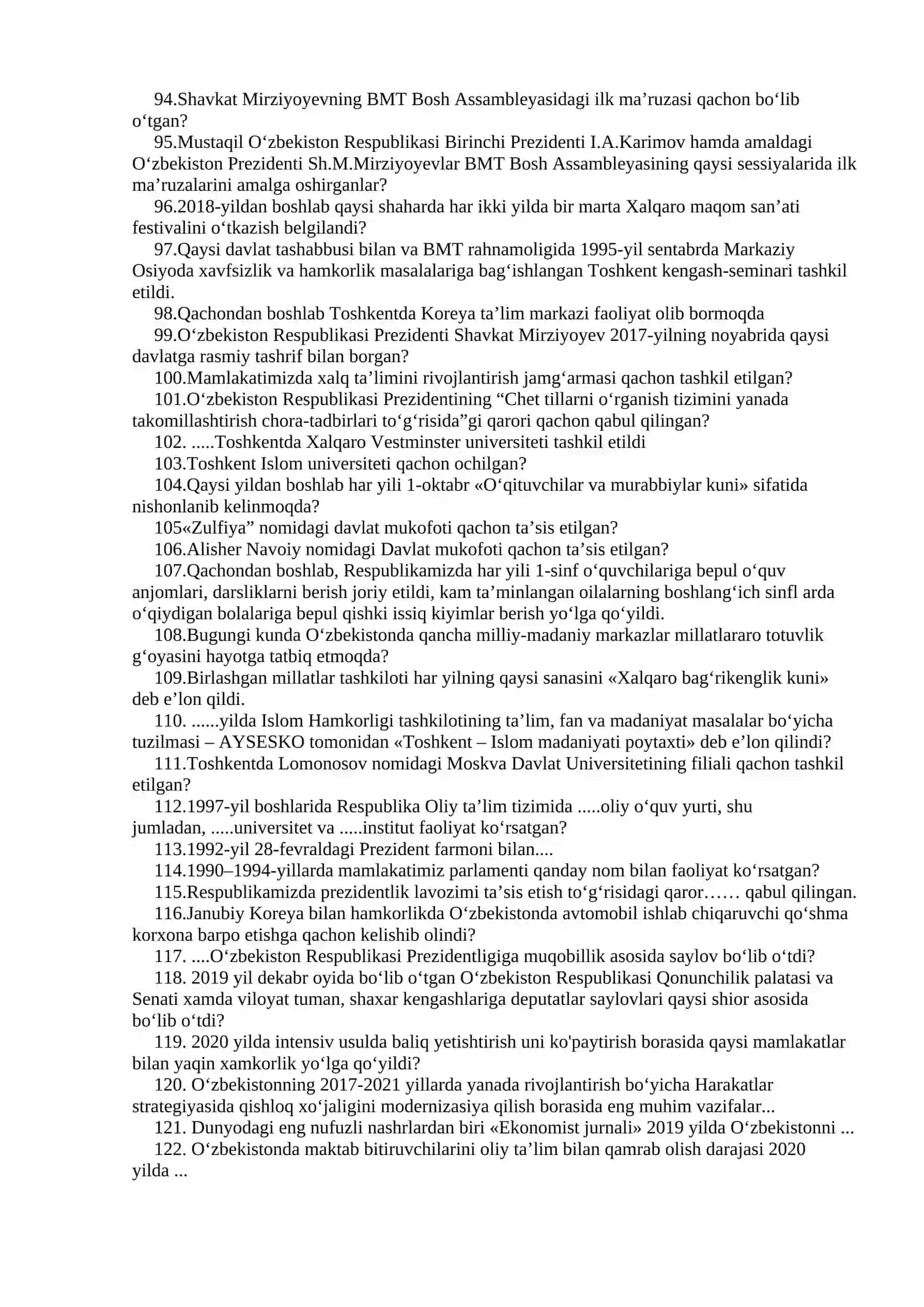 O‘zbekiston-Finlandiya Pedagogika instituti Pedagogika va jismoniy madaniyat fakulteti Tarix yo‘nalishi 4-Kurs Sirtqi talabalari uchun O‘zbekiston tarixi fanidan yakuniy nazorat TEST savollari 4