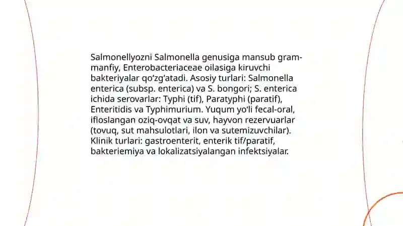 Toksikoinfeksiyalar: salmonellyoz, protey, stafilokokk, botulizm qoʻzgʻatuvchilari. Ular xarakteristikasi va laboratoriya diagnostikasi 4