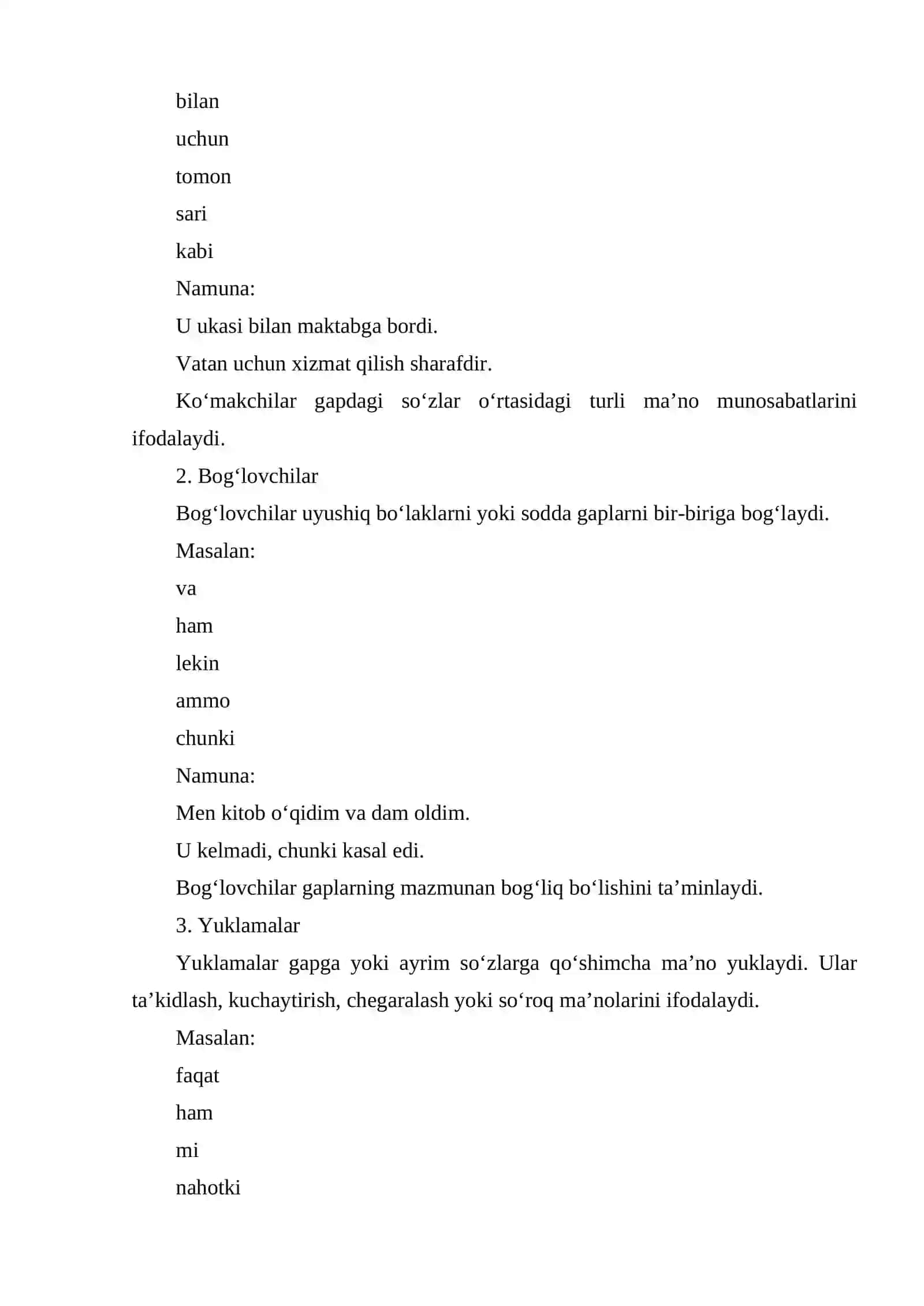 YORDAMCHI SO'Z TURKUMLARINING TA'RIFI, TURLARI VA GRAMMATIK XUSUSIYATLARI 4