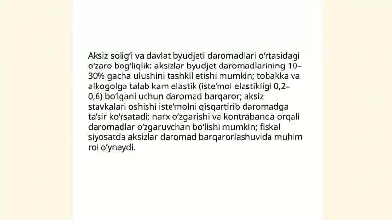 Aksiz solig‘ining iqtisodiy mohiyati va davlat byudjeti daromadlarini shakllantirishdagi ahamiyati 4