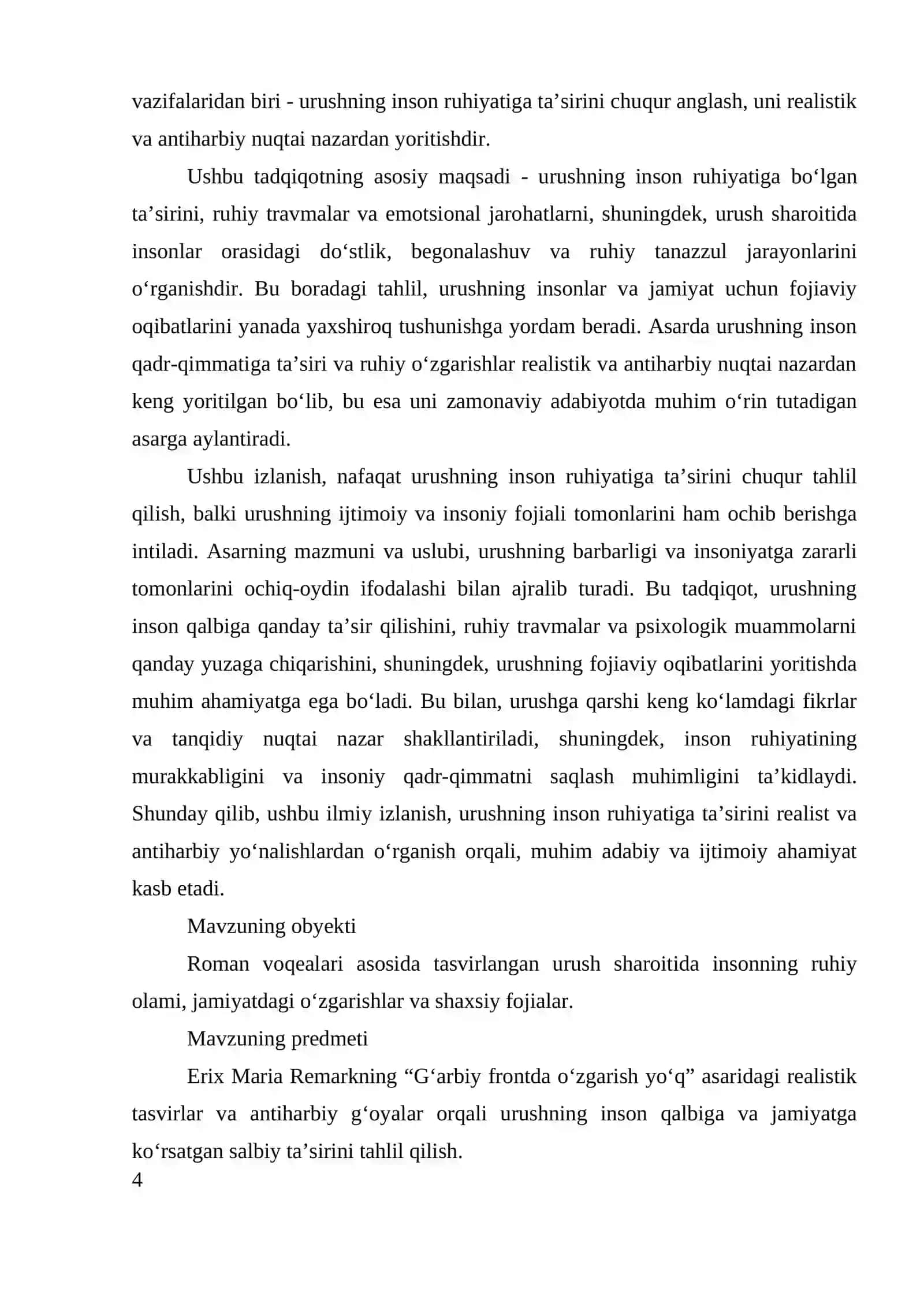ERIX MARIA REMARKNING "G‘ARBIY FRONTDA O‘ZGARISH YO‘Q" ANTIHARBIY VA REALISTIK ROMANIDA URUSHNING INSON RUHIY DUNYOSIGA KO‘RSATGAN TA’SIRI VA URUSHNING FOJIAVIY OQIBAT 4