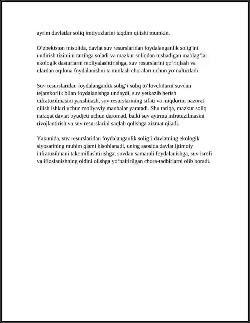 MAVZU: SUV RESURSLARIDAN FOYDALANGANLIK UCHUN SOLIQ HISOBLAB CHIQARISH SOLIQ HISOBOTINI TAQDIM ETISH VA SOLIQNI TO'LASH TARTIBI 4