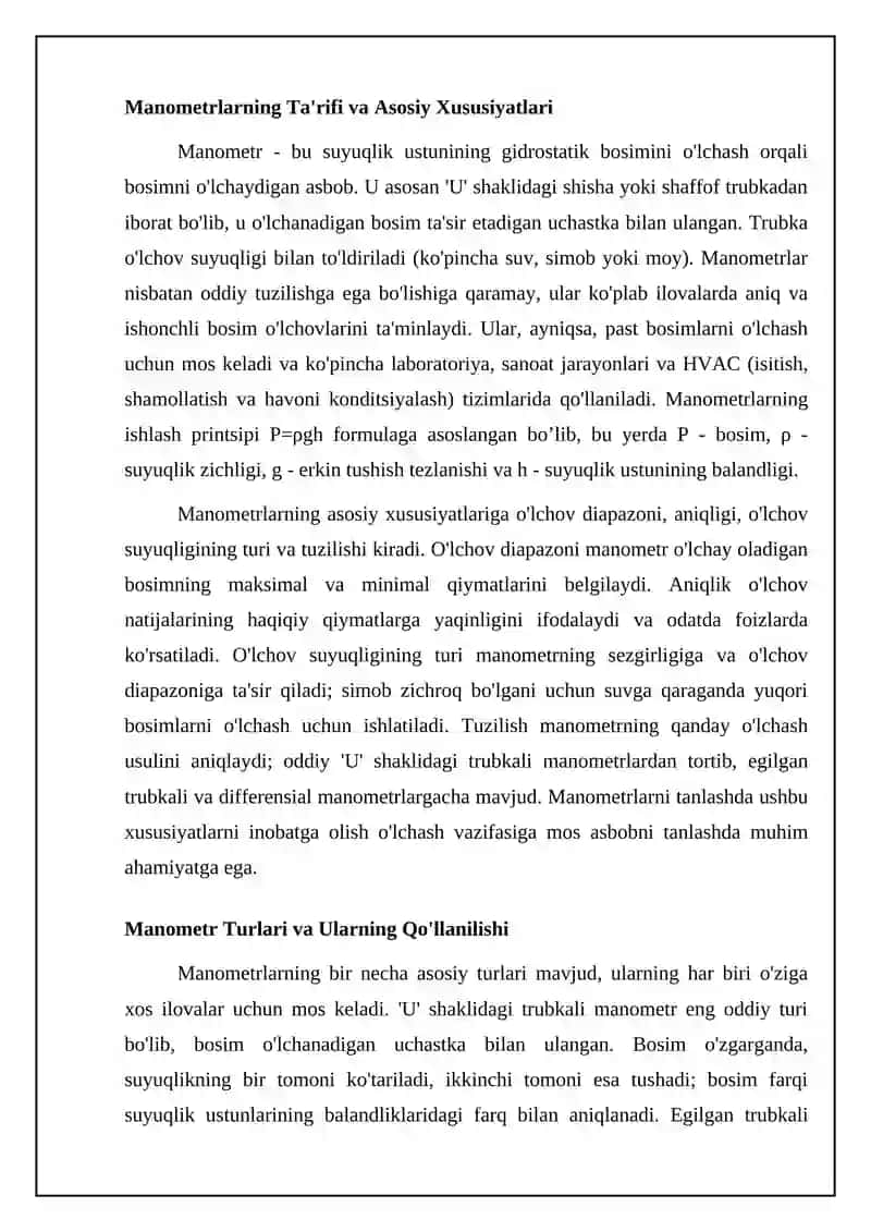 Manometrlar: Ta'rif, Turlari va Ishlash Prinsipi 4