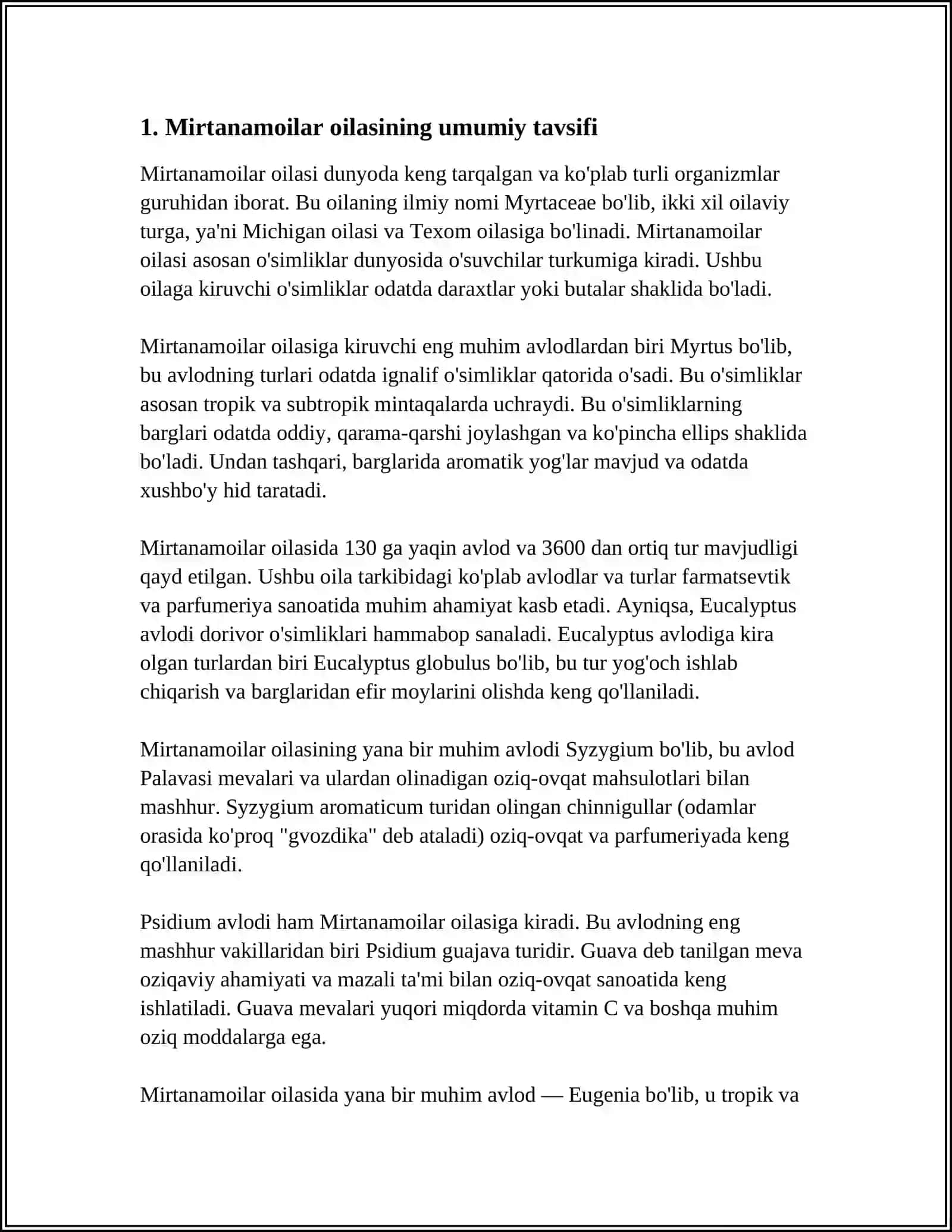MIRTANAMOLAR QABILASI, OILALARI,TAVSIFI VA ASOSIY TURLARI 4