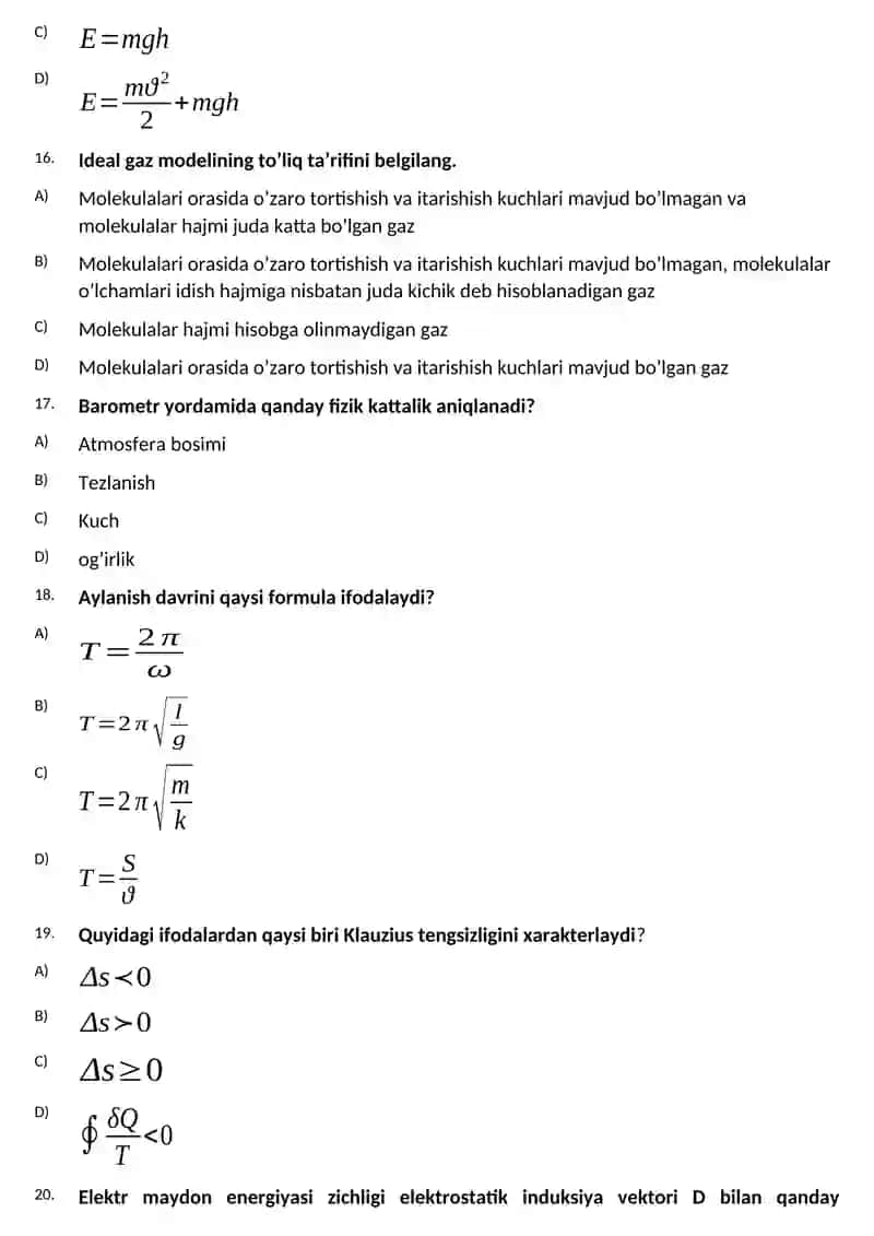 Buxoro muhandislik-texnologiya instituti KT fakulteti 1-kurs talabalari uchun Fizika fanidan yakuniy nazorat TEST SAVOLLARI 4