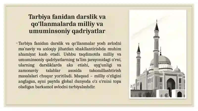 Tarbiya fanidan darslik va qo'lanmalar milliy va umuminsoniy  qadiryatlarning aks etishi 4