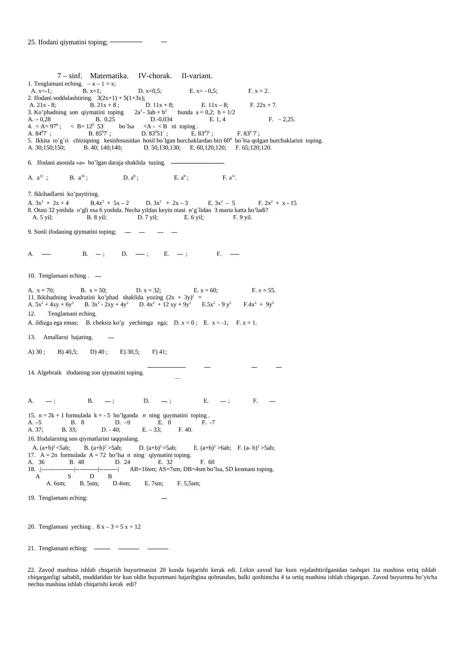 Matematika sinfi 7-sinf qismi 4