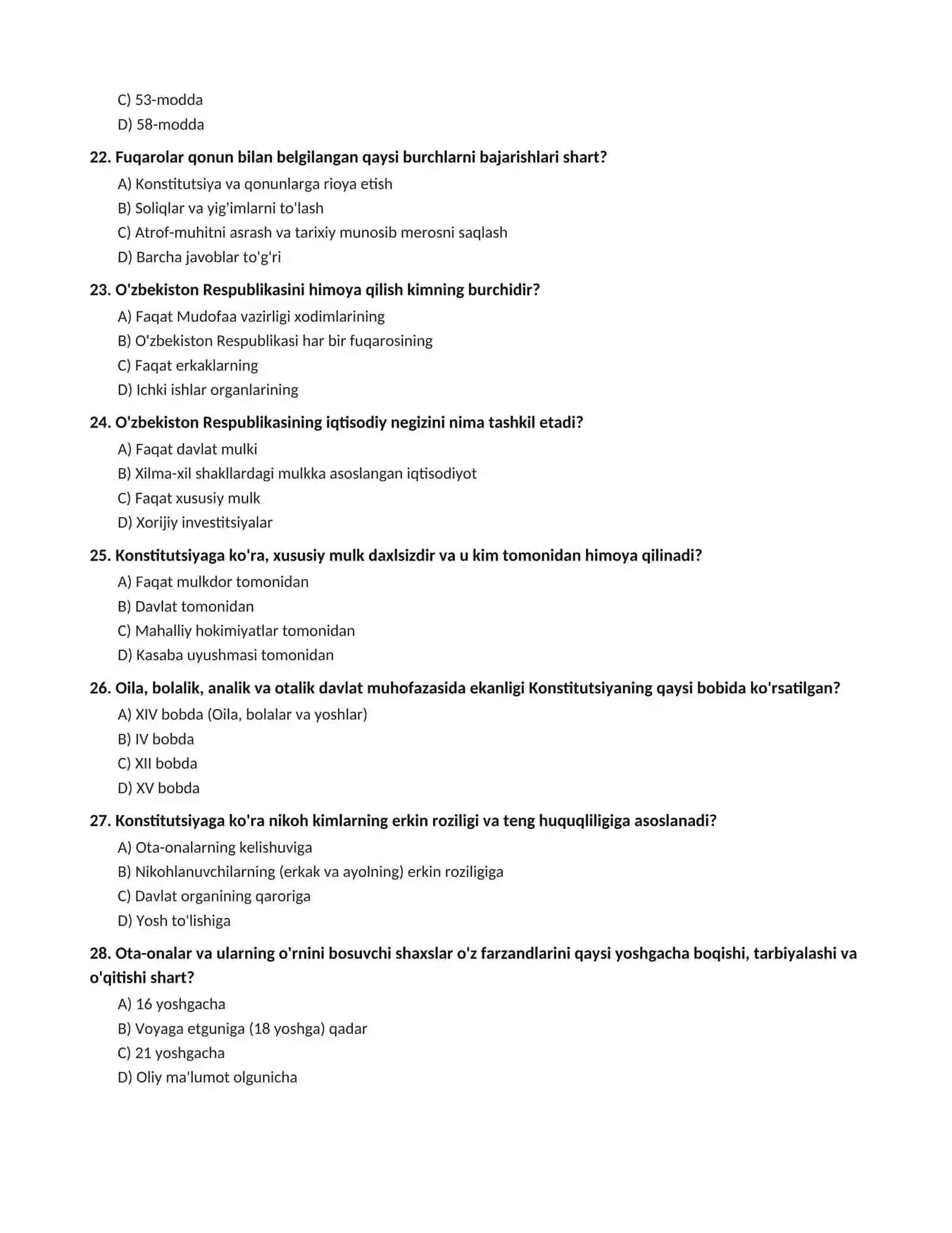 Yangi tahrirdagi Konstitutsiya asosida 40 ta ko'p tanlovli test savoli va batafsil javoblar kaliti 4