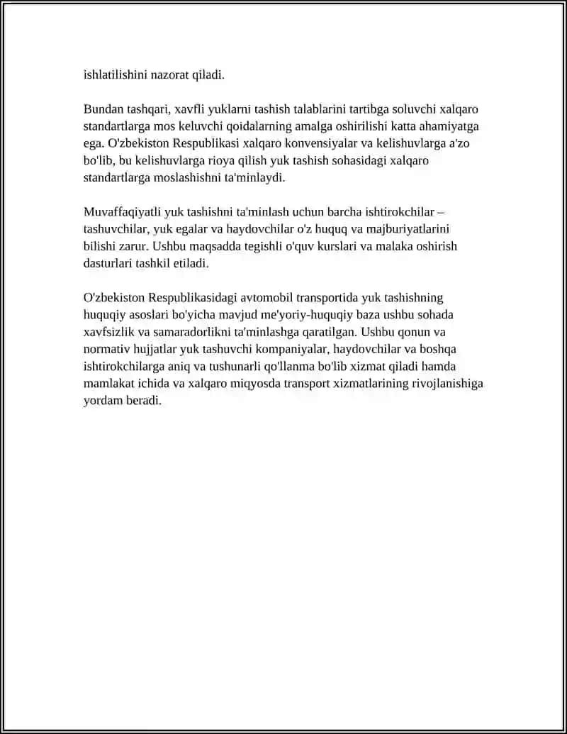 O‘ZBEKISTON RESPUBLIKASIDA AVTOMABIL TRANSPORTIDA YUK TASHISH QOIDALARI 4