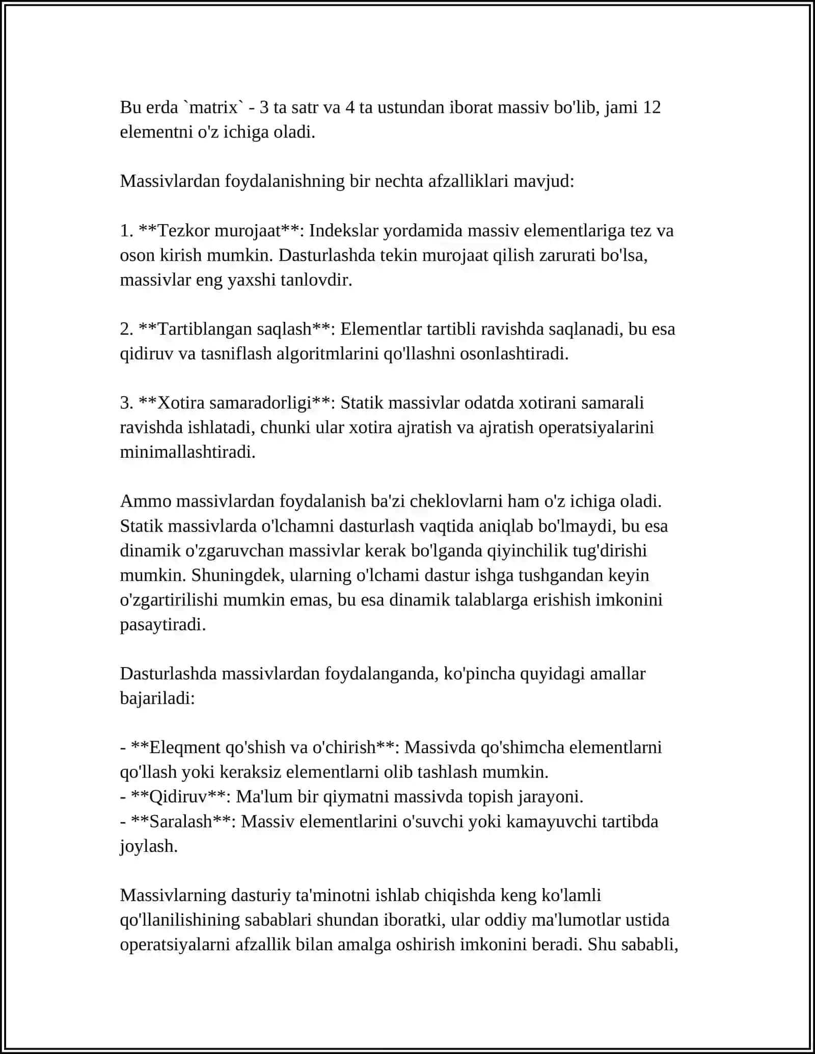 BIR O'LCHAMLI MASSIVNING XOTIRADAGI JOYLASHUVI 4