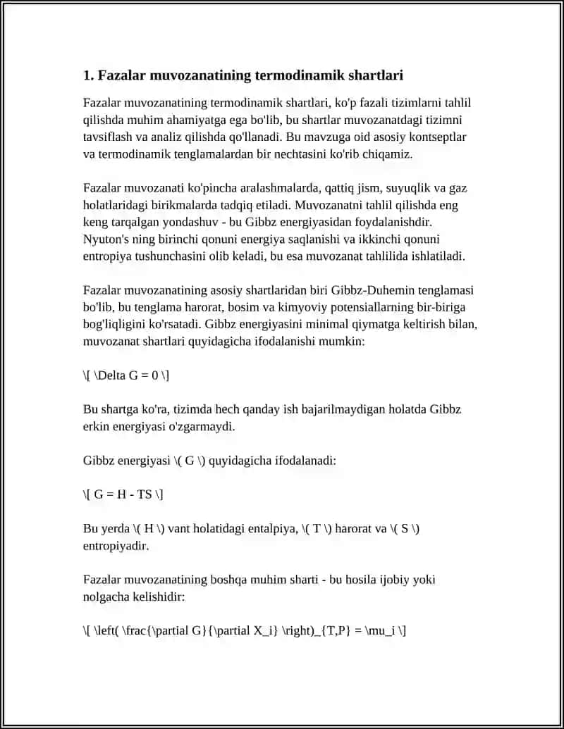 FAZALARNI MUVOZANATDA BOʻLISH SHARTI. FAZA DIAGRAMALARI.KLAPEYRON-KLAUZIS TENGLAMASI.KRITIK NUQTA. METASTABIL HOLATLAR. UCHLANGAN NUQTA.IKKINCHI TUR FAZOVIY OʻTISHLAR 4