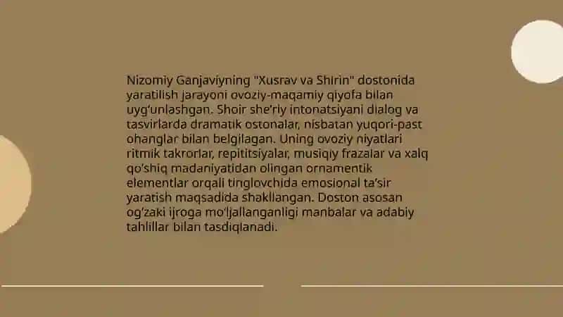 Intonatsiya. "Xusrav va Shirin"dostonining yaratilishi va manbalari Pardayeva Muxlisa 4