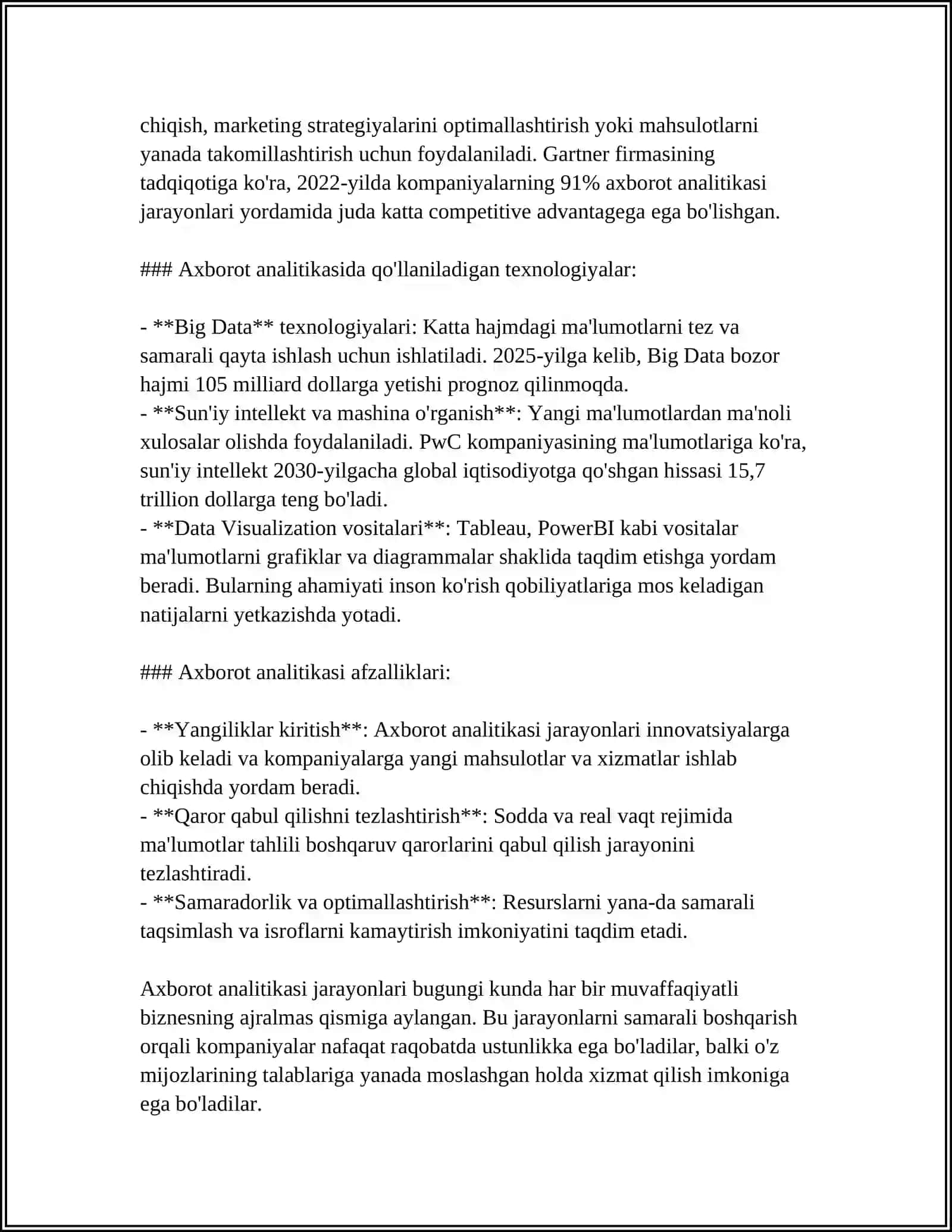 MUSTAQIL ISH Mavzu: AXBOROT ANALITIKA VA QARORLAMI QABUL QILISHNI QULLAB GUVVATLOVCHI TIZIMLAR 4