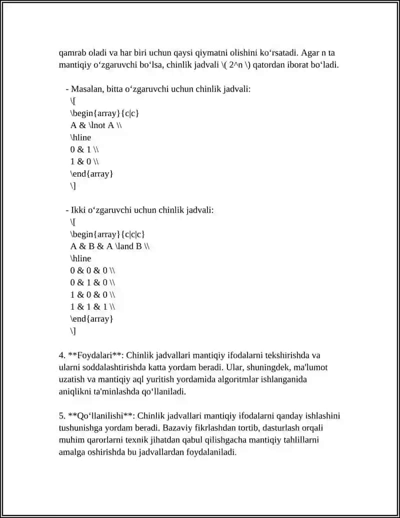 MANTIQIY IFODALAR UCHUN CHINLIK JADVALLARINI TUZISH 4