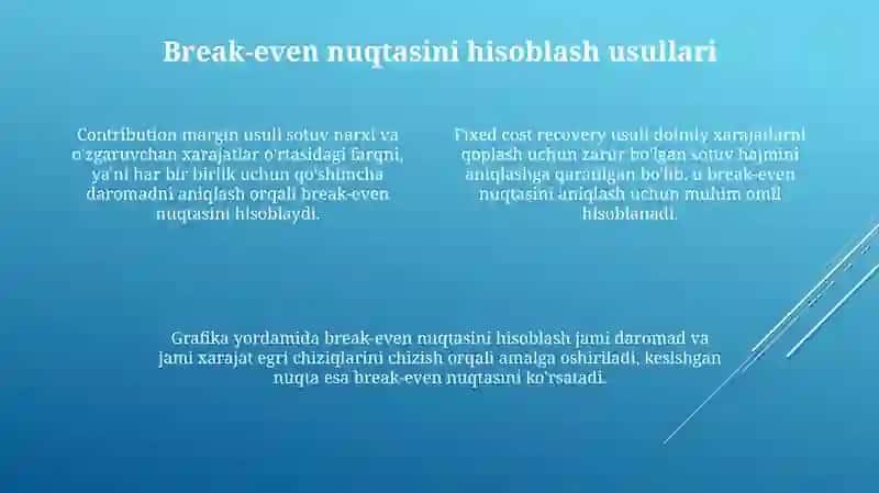 Boshqaruv hisobida zararsizlik nuqtasini hisoblash usullari 4