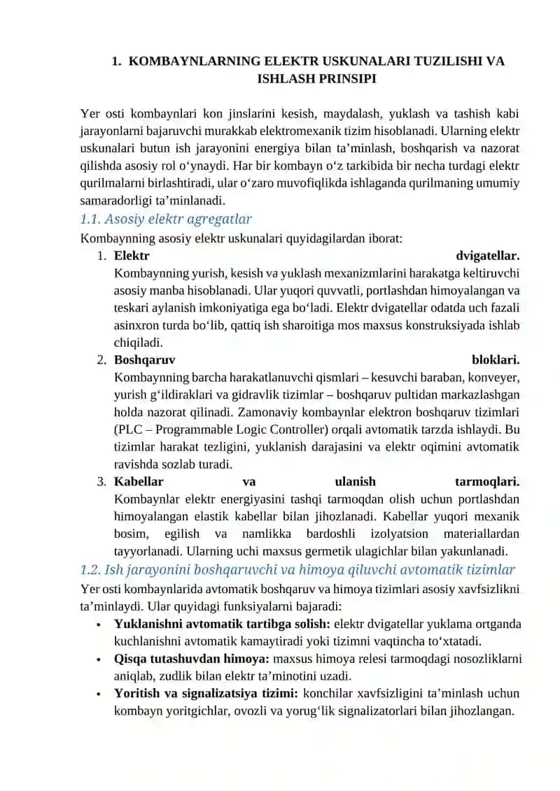 Yer osti kambaynlarining elektr uskunalari elektr ta'minoti sxemalari 4