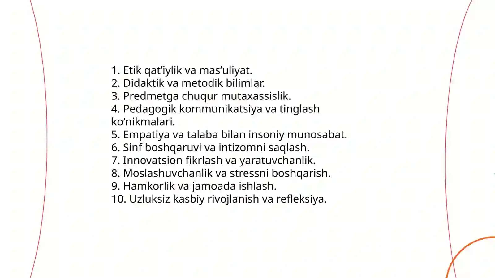 Kasbiy faoliyatda oʻqituvchi shaxsi va uning kasbiy fazilatlari. Kasbiy kompetentligini tuzilishi mohiyati va unga xos sifatlar 4