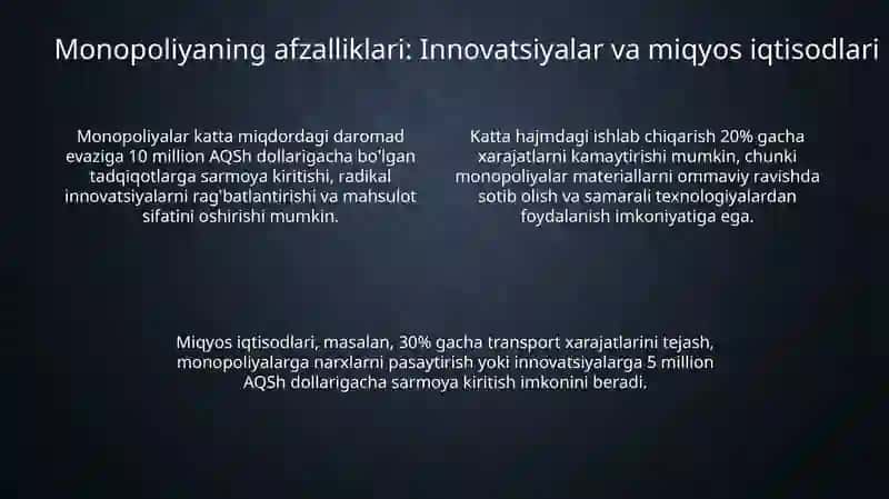 Monopoliyaning afzalliklari va ijtimoiy oqibatlari 4