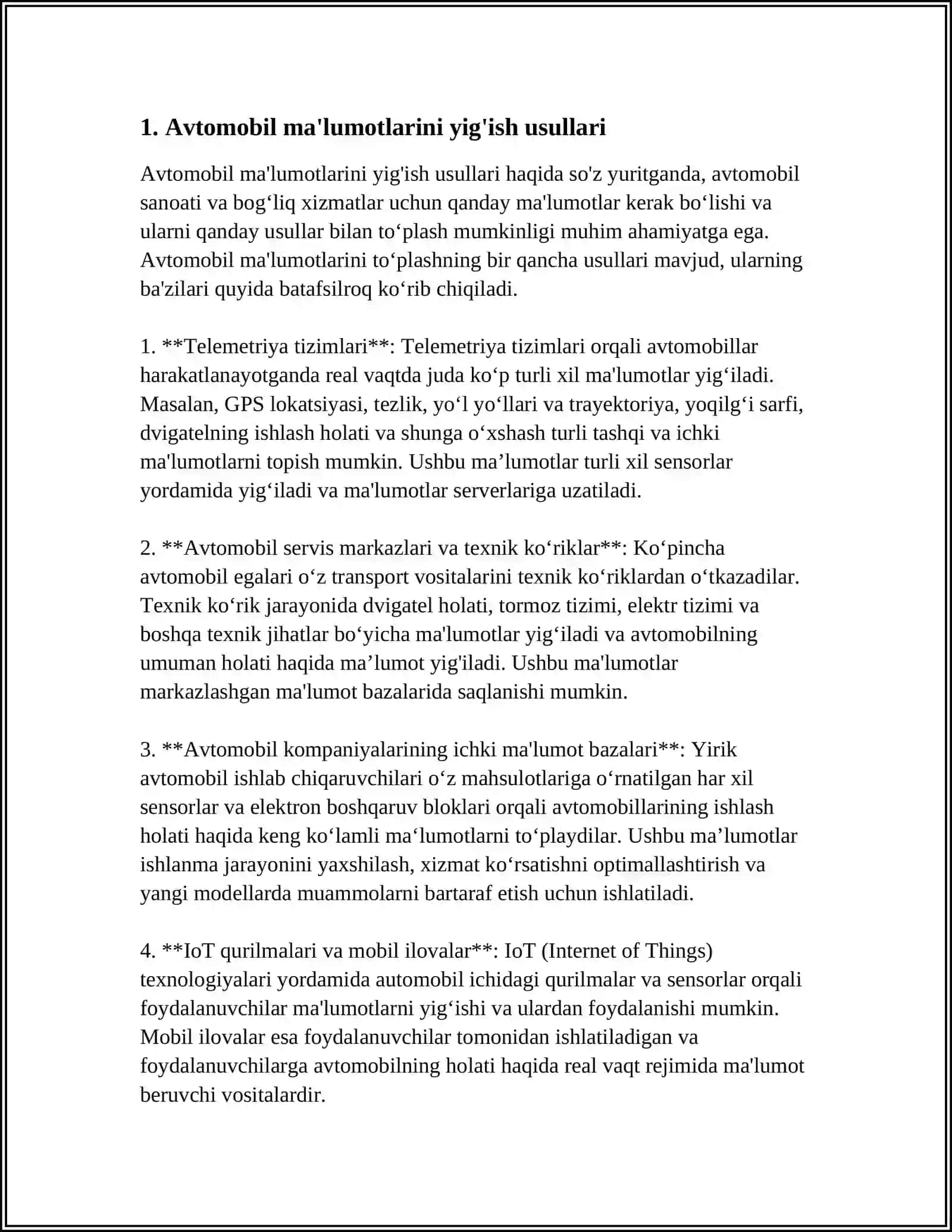 AVTOMOBIL MALUMOTLARINI TAHLIL QILISH: BAXTSIZ XODISALARNI BASHORAT QILISH VA TEXNIK XIZMAT KORSATISH 4