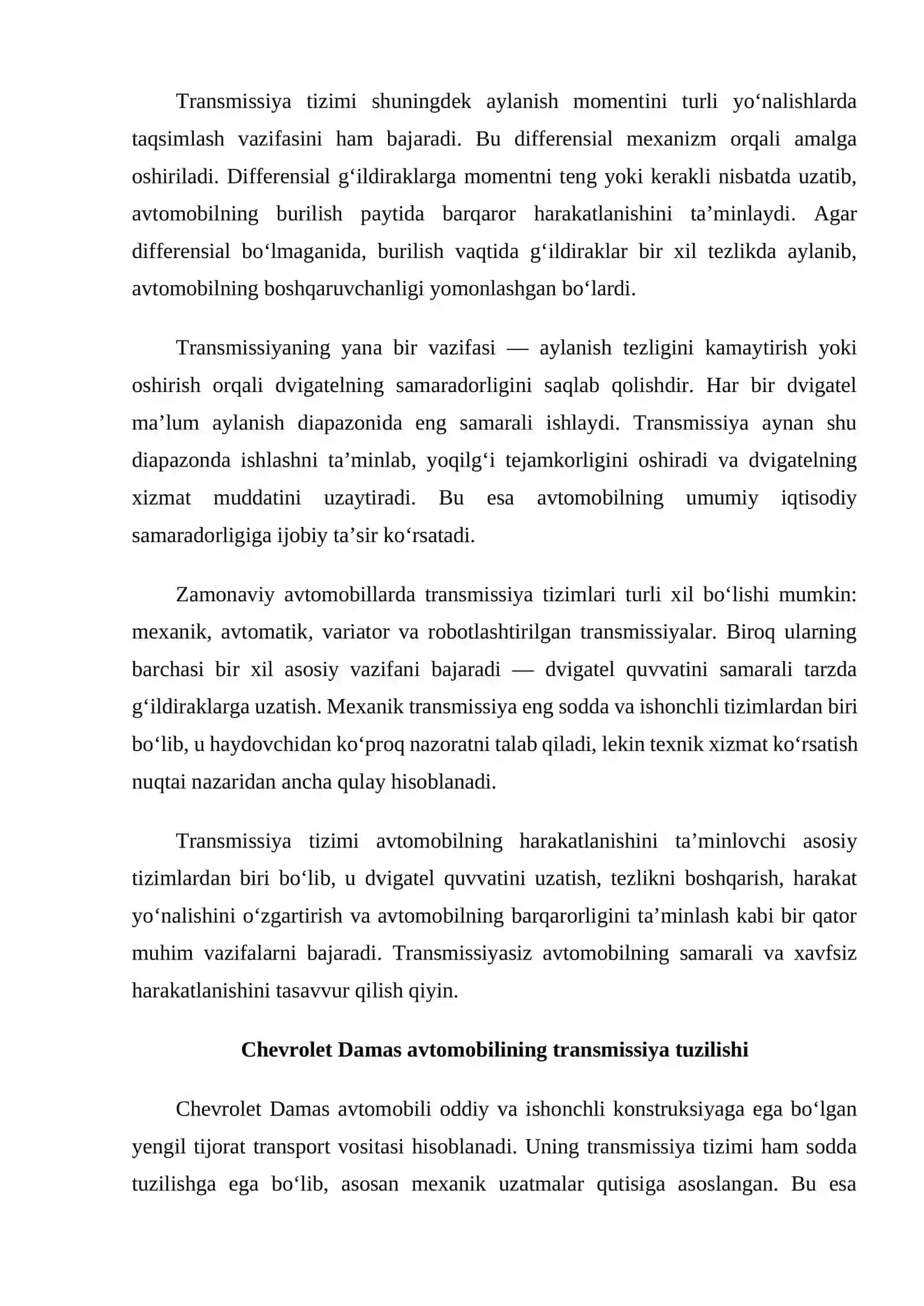 Chevrolet Damas transmissiyasining kinematik sxemasi va texnik tavsifi 4