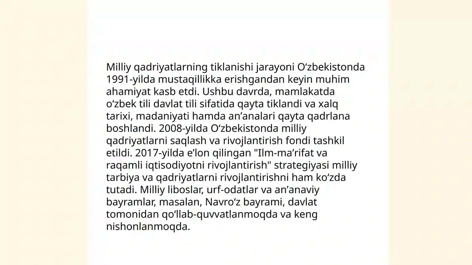 Mustaqillik yillarida Oʼzbekistondagi maʼnaviy va madaniy taraqqiyot 4