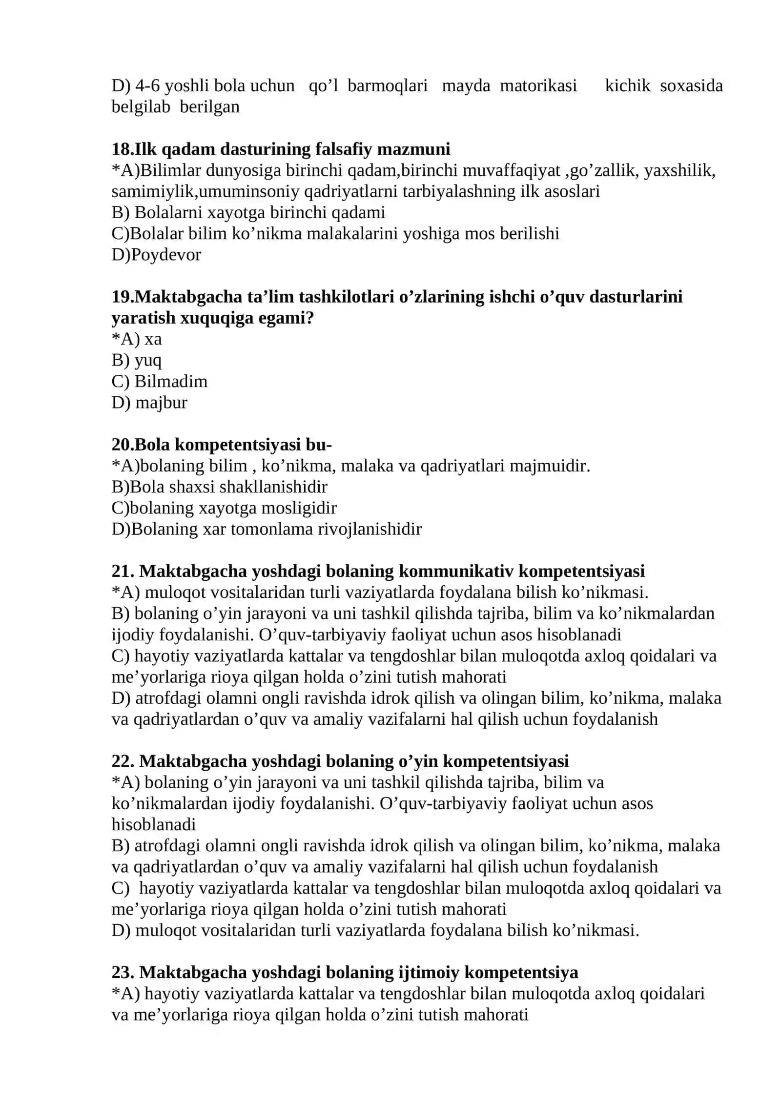 Maktabgacha ta’limda zamonaviy yondoshuvlar moduli bo’yicha testlar to’plami 4