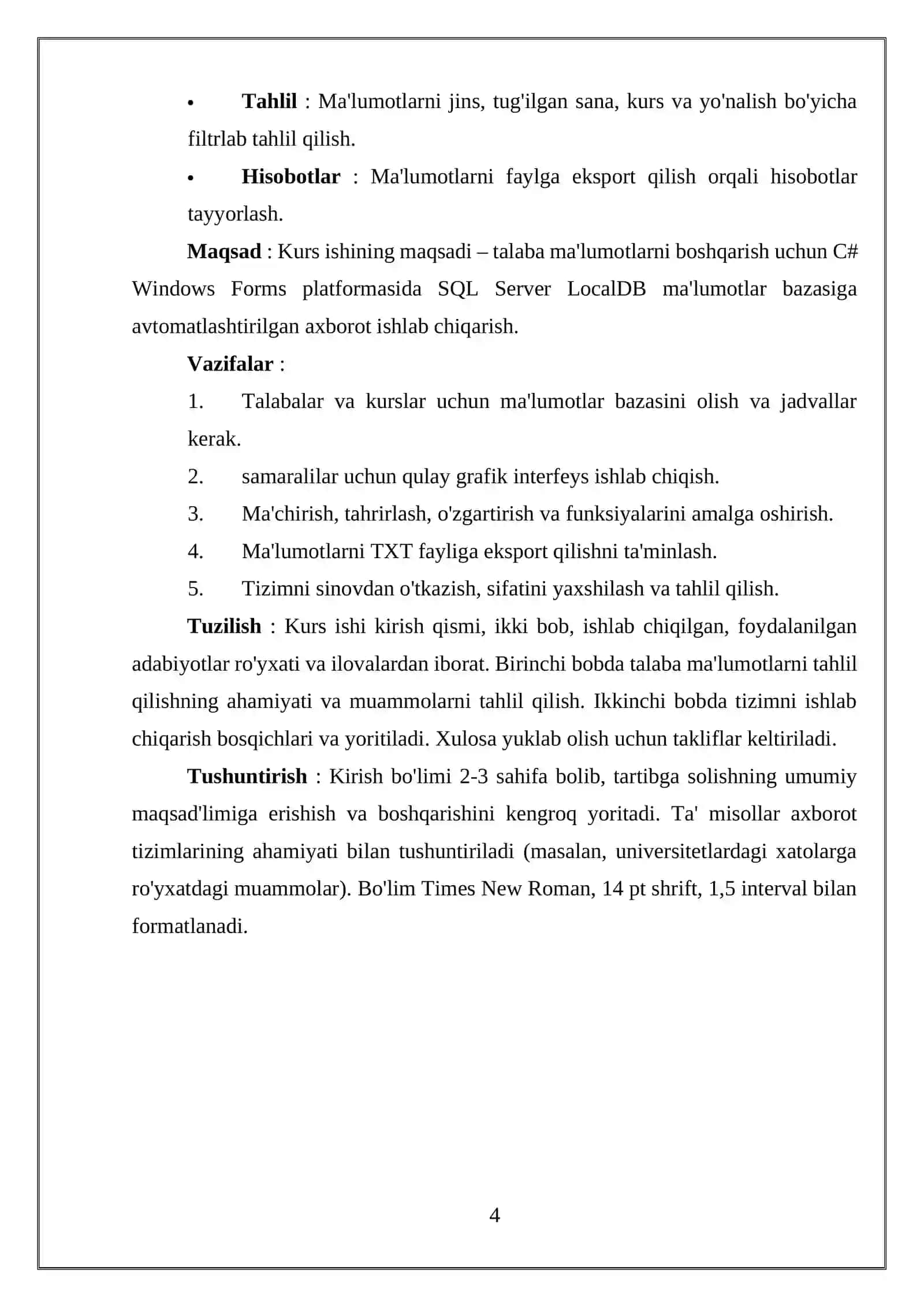 “Talaba platformasi” axborot tizimini ishlab chiqish uchun ma’lumotlar bazasini loyihalash 4