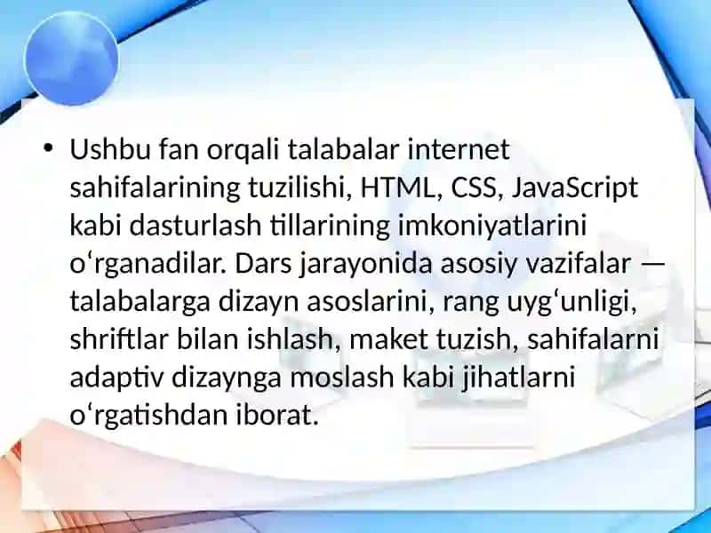 Web-dizayn asoslari bo'limini o'qitish metodikasi. Axborot tizimlari xavfsizligi bo'limini o'qitish metodikasi 4