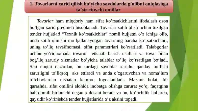 Tovarlarni xarid qilish bo'yicha savdolardagi g'olibni aniqlashga ta'sir etuvchi omillar tahlili 4