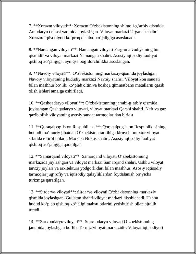 MUSTAQIL ISH Mavzu: O'ZBEKISTON RESPUBLIKASI MA'MURIY HUDUDIY BO'LINISHI 4