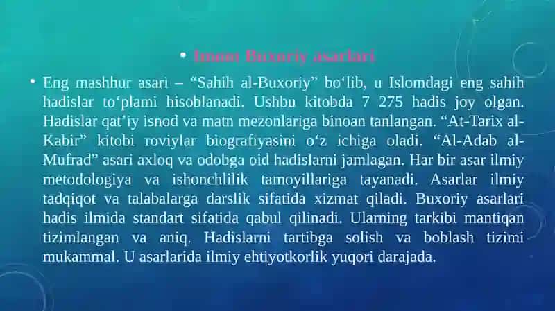 imom buxoriy va imom termiziyning hadis ilmiga qo'shgan hissalarini qiyosiy tahlili" ppt 4