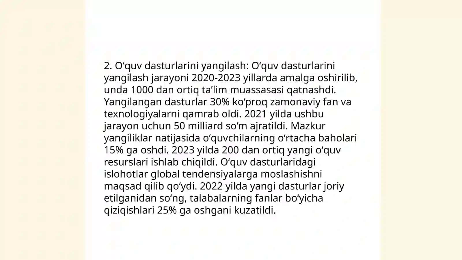 Oʻzbekiston Respublikasi Xalq taʼlim tizimini 2030-yilgacha rivojlantirish Konsepsiyasida belgilangan vazifalar va kutilayotgan natijalar tahlili 4