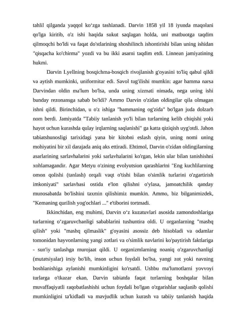 XVIII-XIX ASRLARDA EVOLYUTSION QARASHLARNI RIVOJLANISHI. J.KYUVE VA SENT-LLER O`RTASIDA MUNOZARA VA TORTISHUV 4