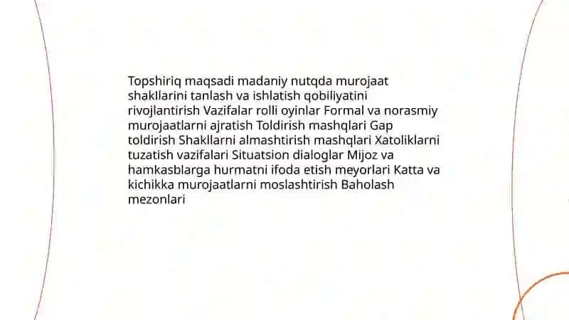 Madaniy nutqning gramatik va uslubiy me’yorlari bo’yicha mashq va topshriqlar tayyorlash 4