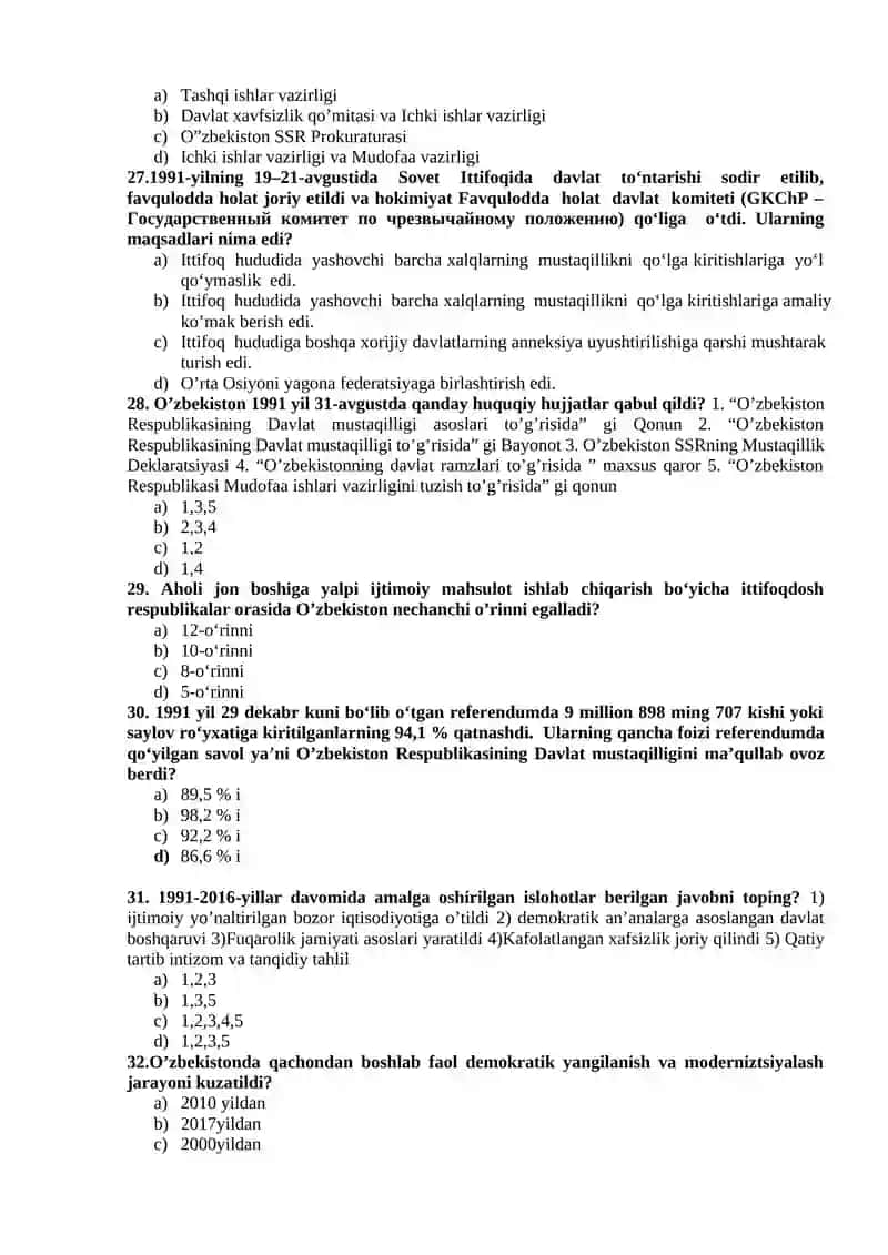 O‘ZBEKISTONNING ENG YANGI TARIXI” FANI BO'YICHA NAZORAT TESTI 4
