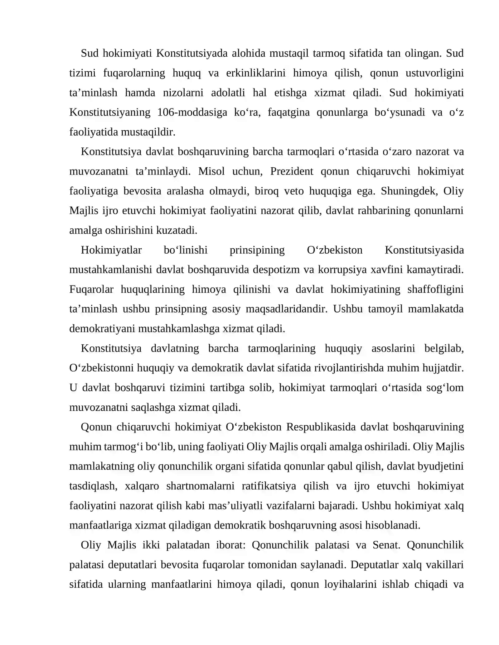 O‘zbekiston Respublikasida hokimiyatlar bo‘linishi prinsipi va uning ahamiyati 4