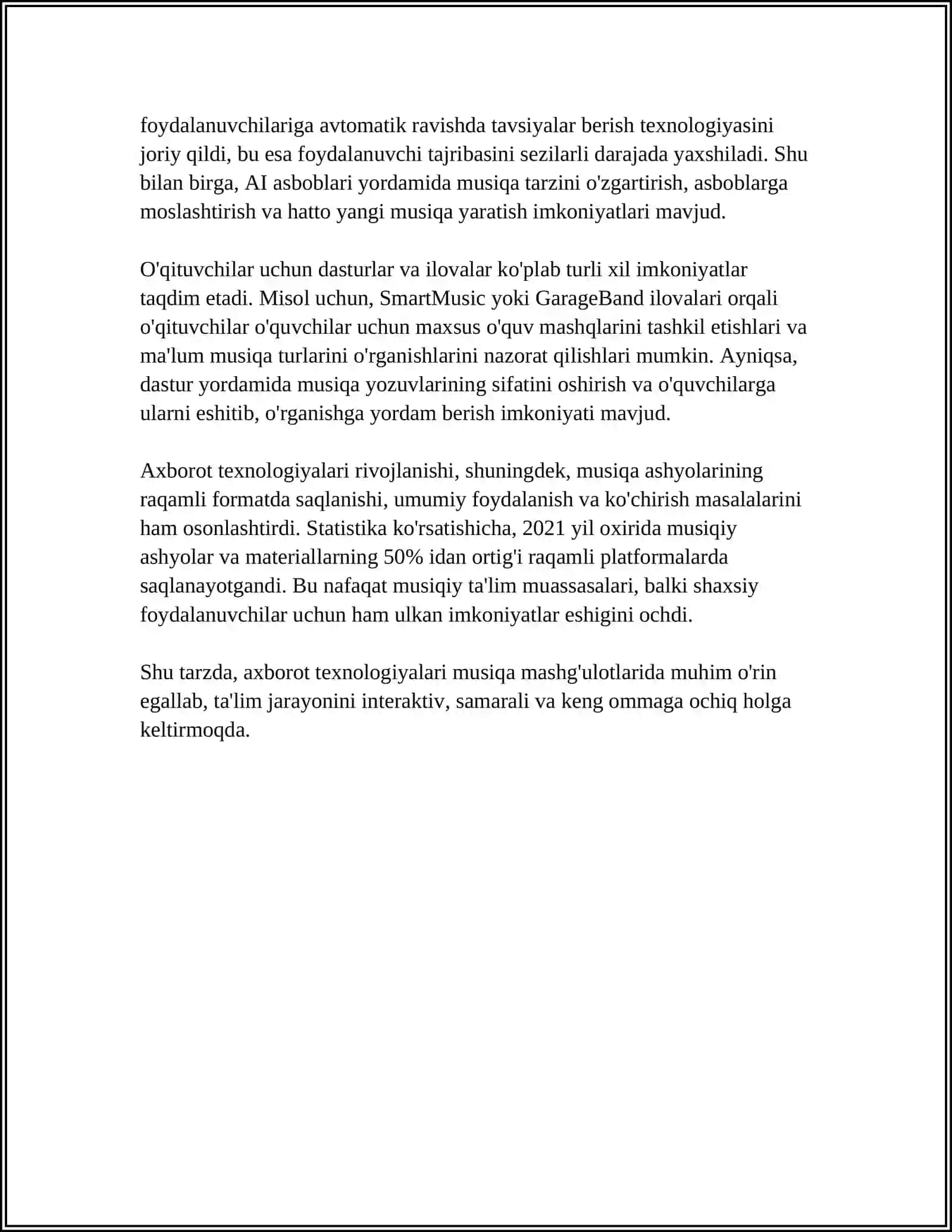 MAVZU ASOSIDA MUSIQA MASHGʻULOTLARINING METODIK TAHMINOTI ULARDAN VA AXBOROT KOMPYUTER TEXNOLOGIYALARIDAN MASHĞULOT JARAYONIDA FOYDALANISH 4